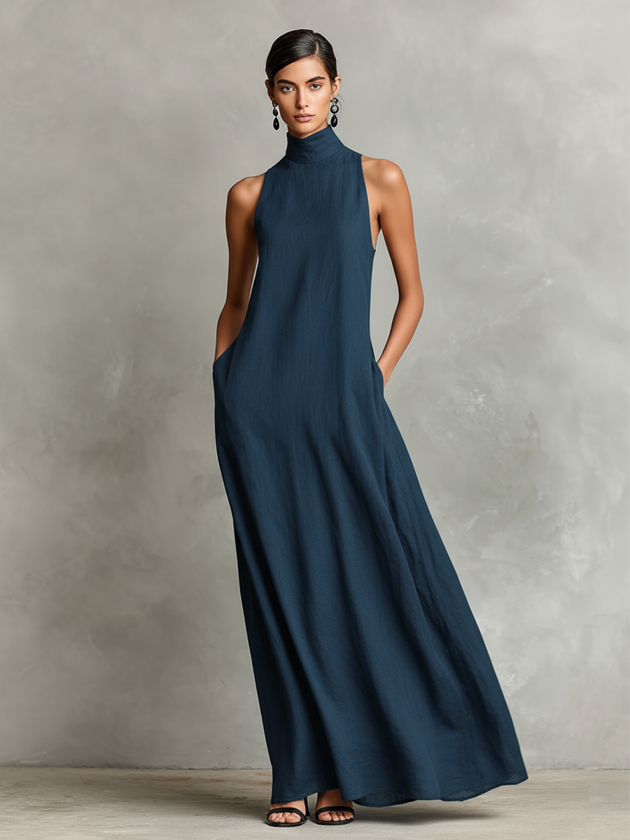 Women's Black Linen-Blend Maxi Dress With High Neck & Side Pockets, Timeless Minimalist Casual Dress