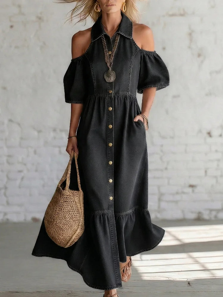 Elegant Off-shoulder Denim Maxi Dress