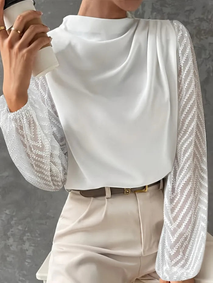 Elegant Sheer-Sleeve Mock Neck Blouse