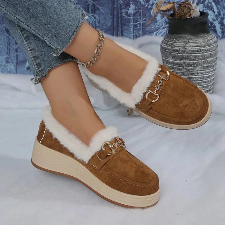 Horsebit Buckle Decor Thickened Plush Lined Fur Trim Slip On Wedge Loafers