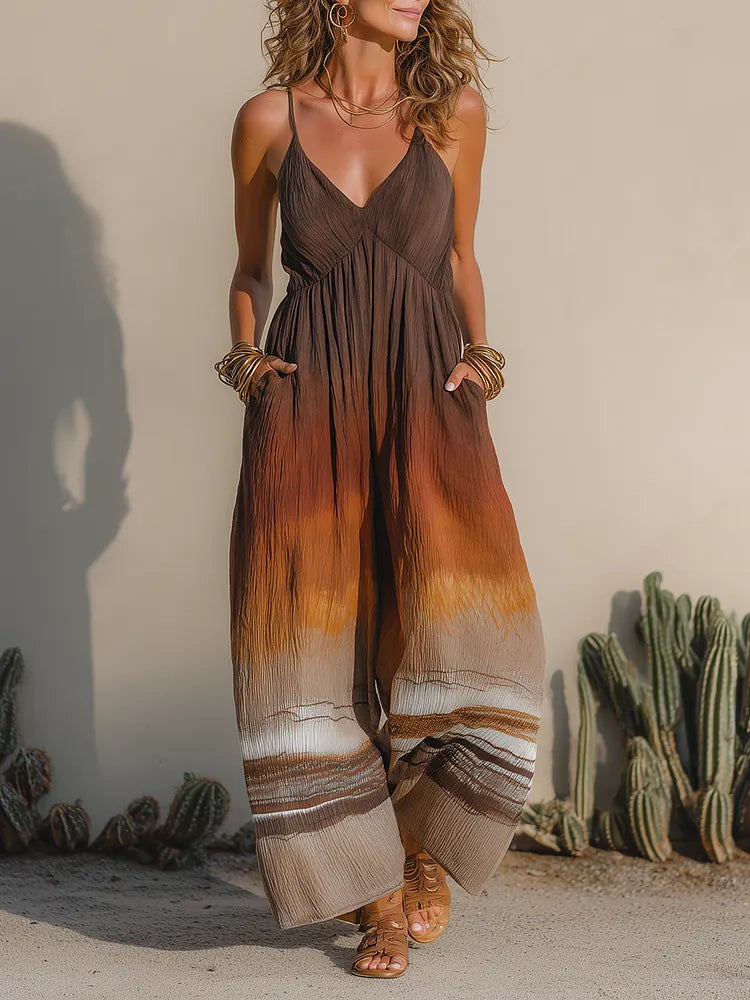 Retro Vacation-Style Sleeveless Sunset-Hued Print Wide-Leg Jumpsuit