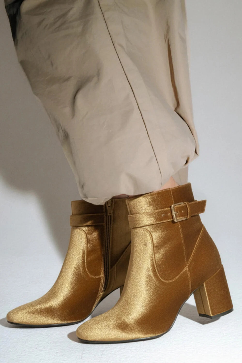 Belt Buckle Square Toe Zip Up Gold Chunky Heel Boots
