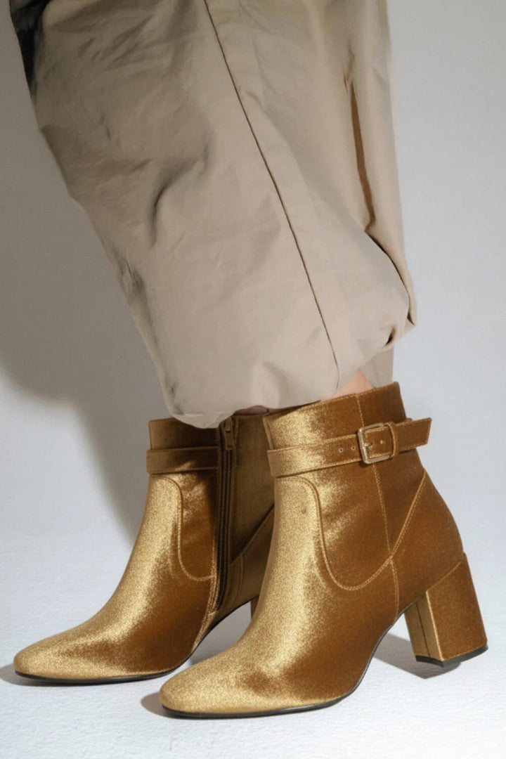Belt Buckle Square Toe Zip Up Gold Chunky Heel Boots