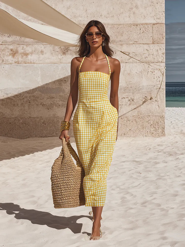 Minimalist Vacation Thin Straps Yellow Plaid Cotton Maxi Dress