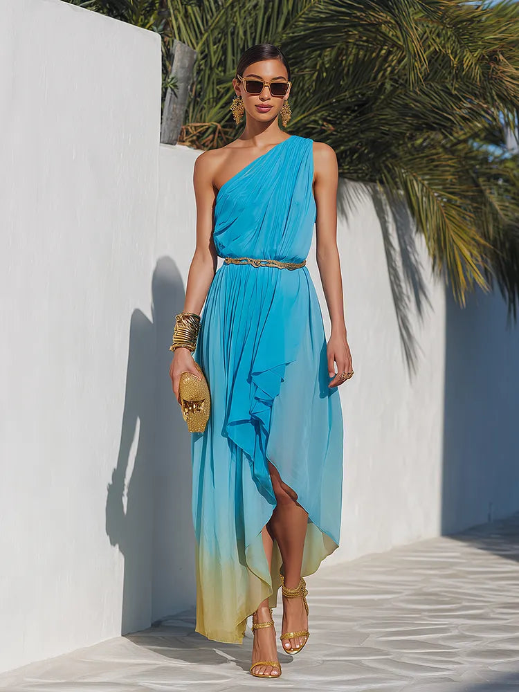 Romantic Vacation One-Shoulder Asymmetrical Hem Ombré Chiffon Maxi Dress