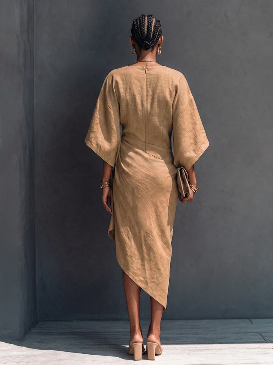 Women's Modern Minimalist Khaki Linen Blend Draped Asymmetric Short Sleeve Midi Dress