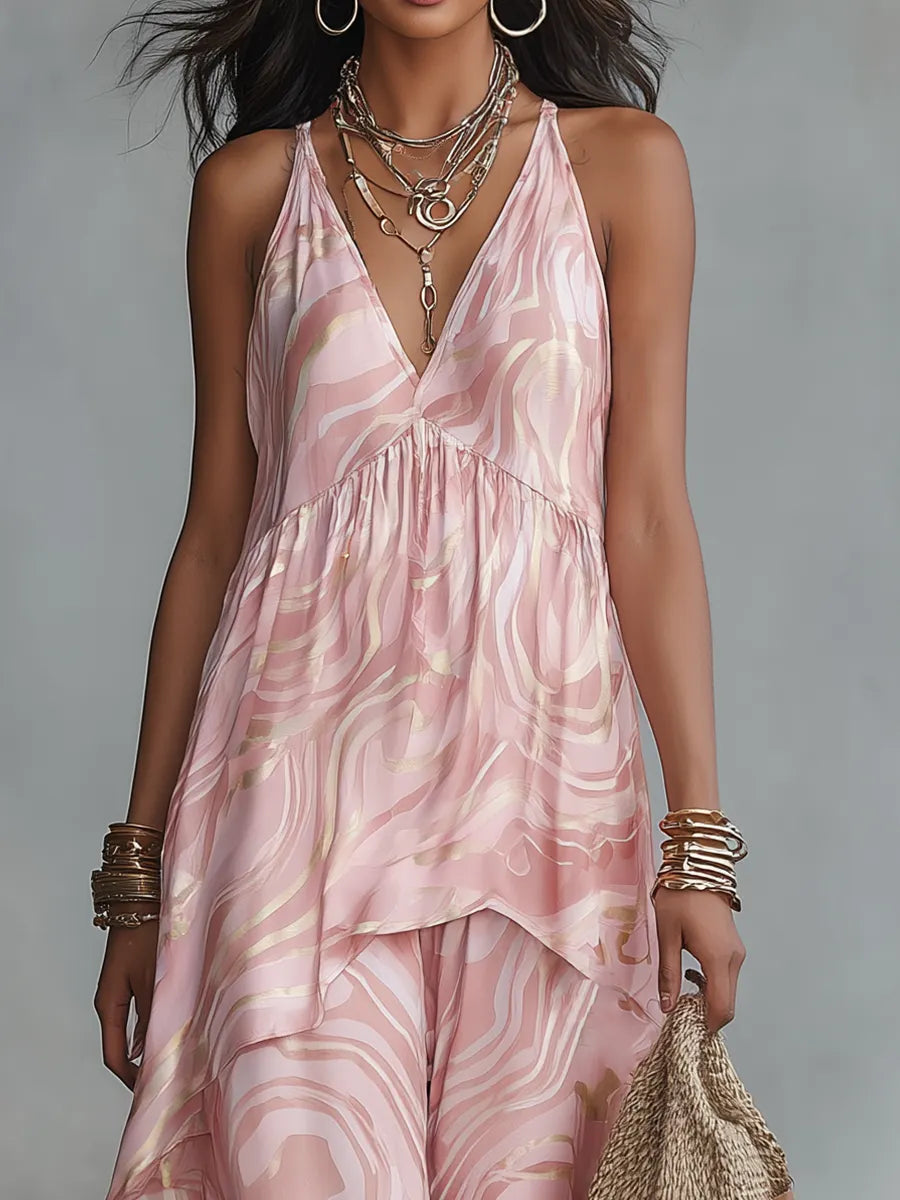 Elegant Blush Marble Print Cami Top & Wide Leg Pants Set