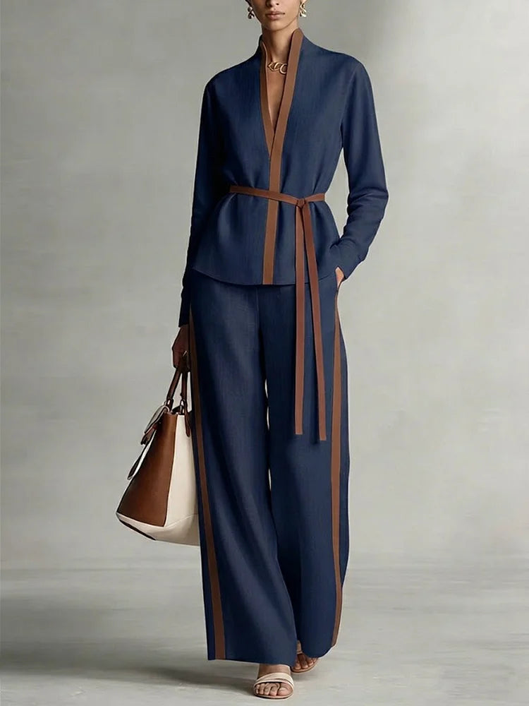 Women's Stand Collar Long Sleeve Casual Loose Top High Waist Casual Loose Wide Leg Pants Cotton Linen Set