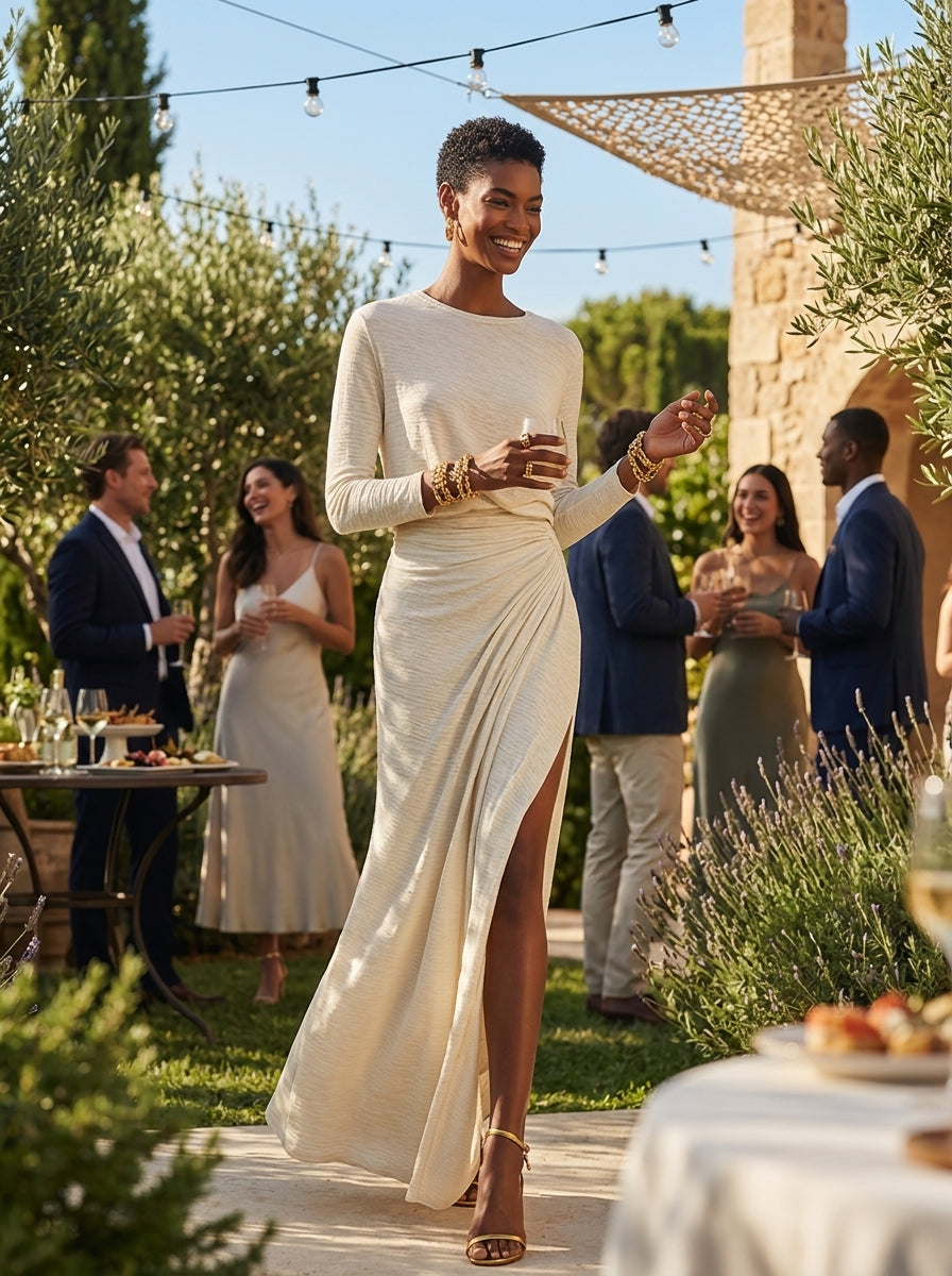 Women's Beige Cotton-Blend Crew-Neck Ruched Slit Maxi Dress