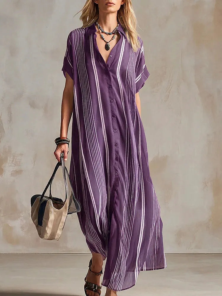 Women's Casual Loose-fit Shirt-collar Dress With Short Sleeves And Geometric Print