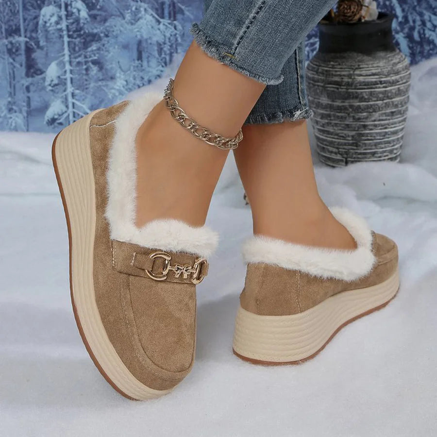 Horsebit Buckle Decor Thickened Plush Lined Fur Trim Slip On Wedge Loafers