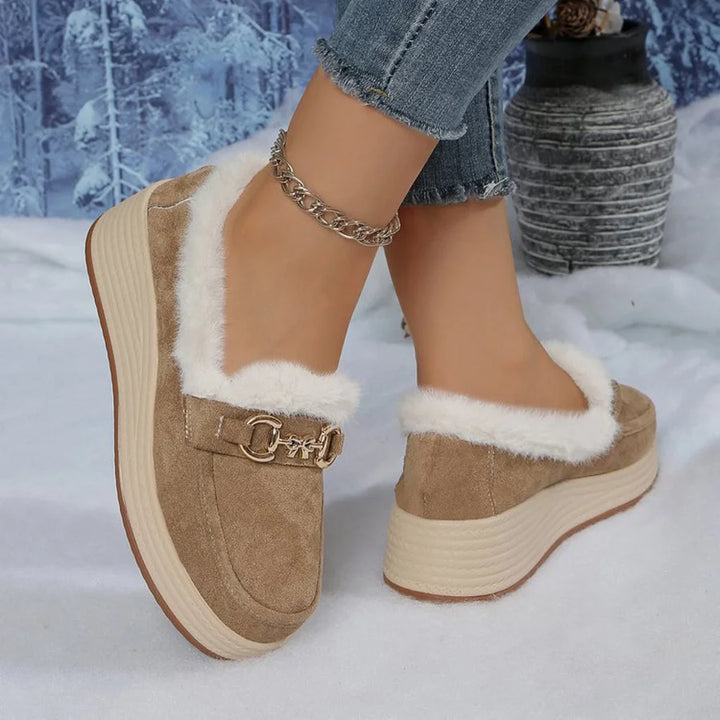 Horsebit Buckle Decor Thickened Plush Lined Fur Trim Slip On Wedge Loafers
