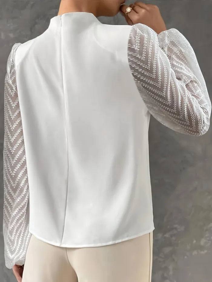 Elegant Sheer-Sleeve Mock Neck Blouse