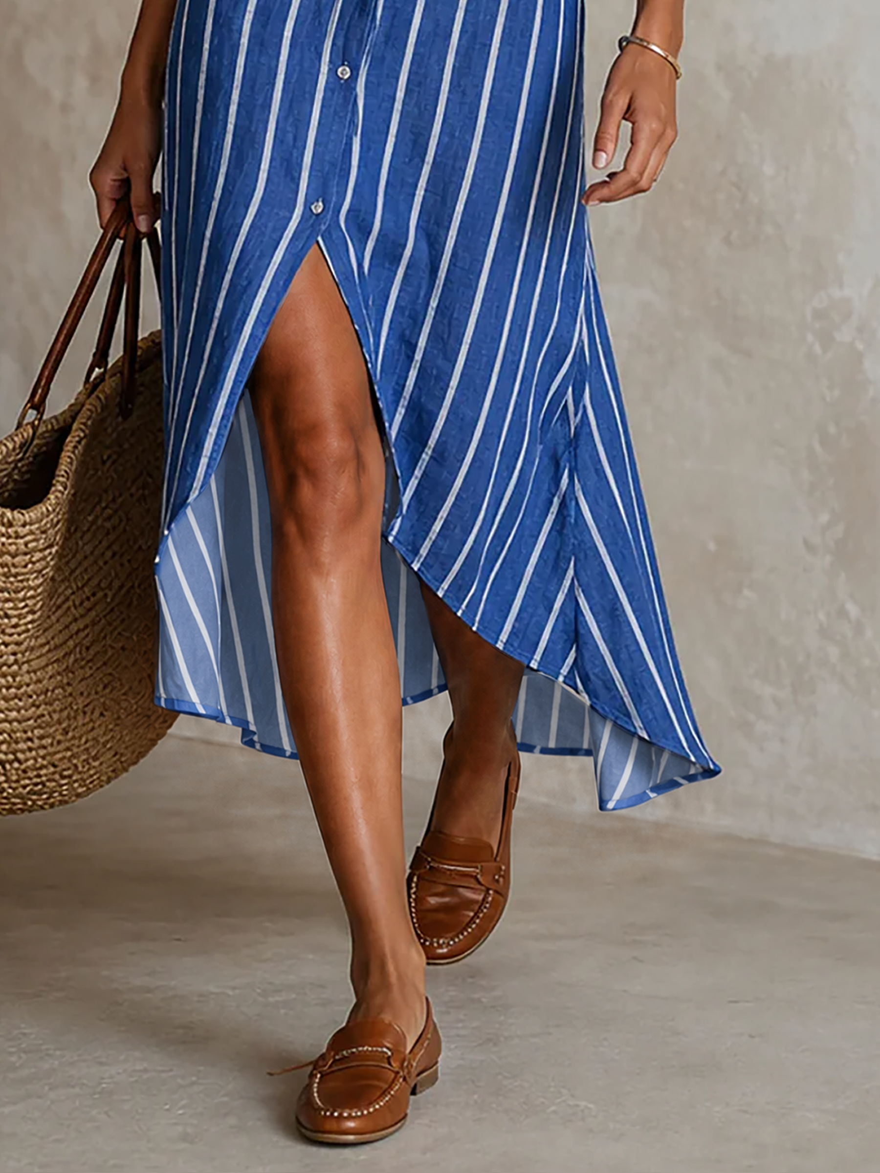 Women's Minimalist Striped Single-Breasted Long-Sleeve Midi Dress With Asymmetric Hem