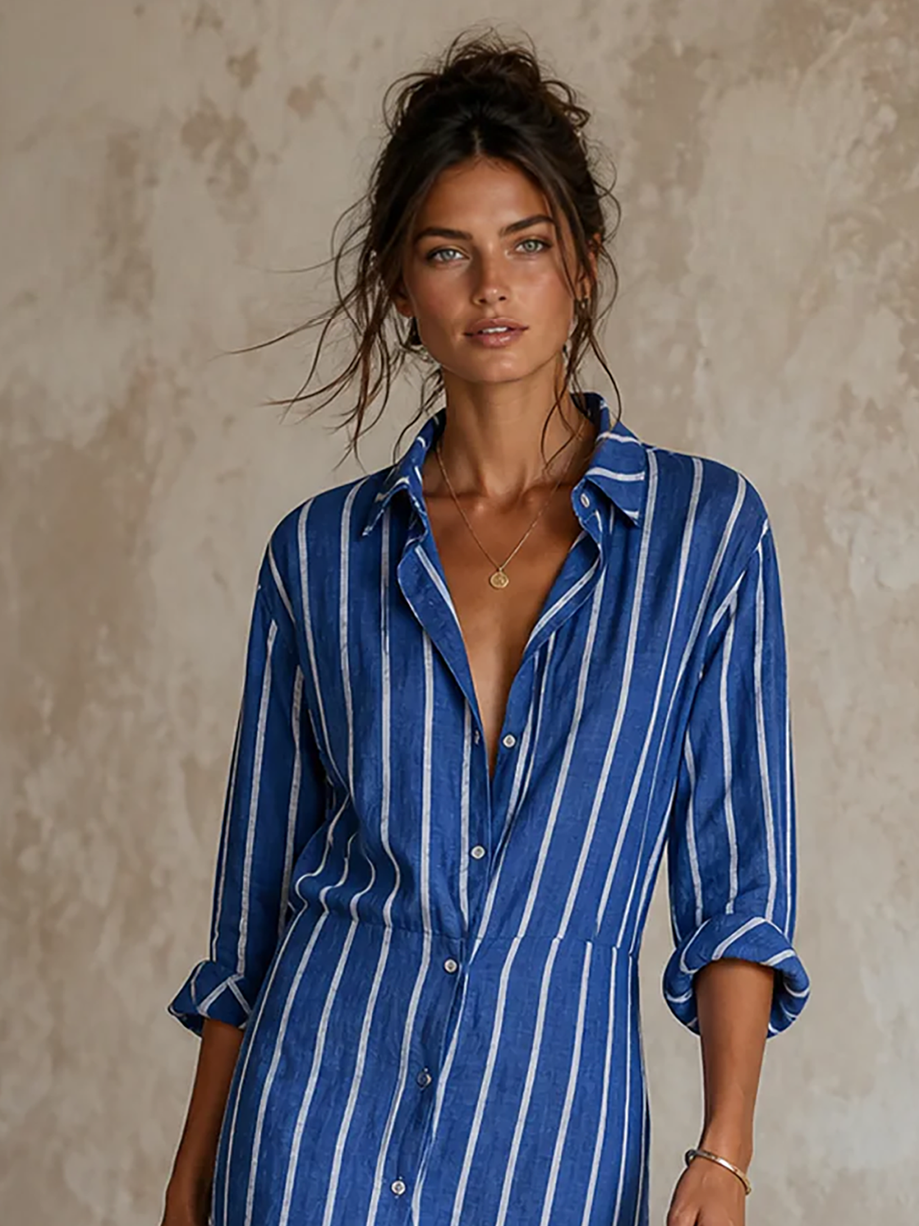 Women's Minimalist Striped Single-Breasted Long-Sleeve Midi Dress With Asymmetric Hem