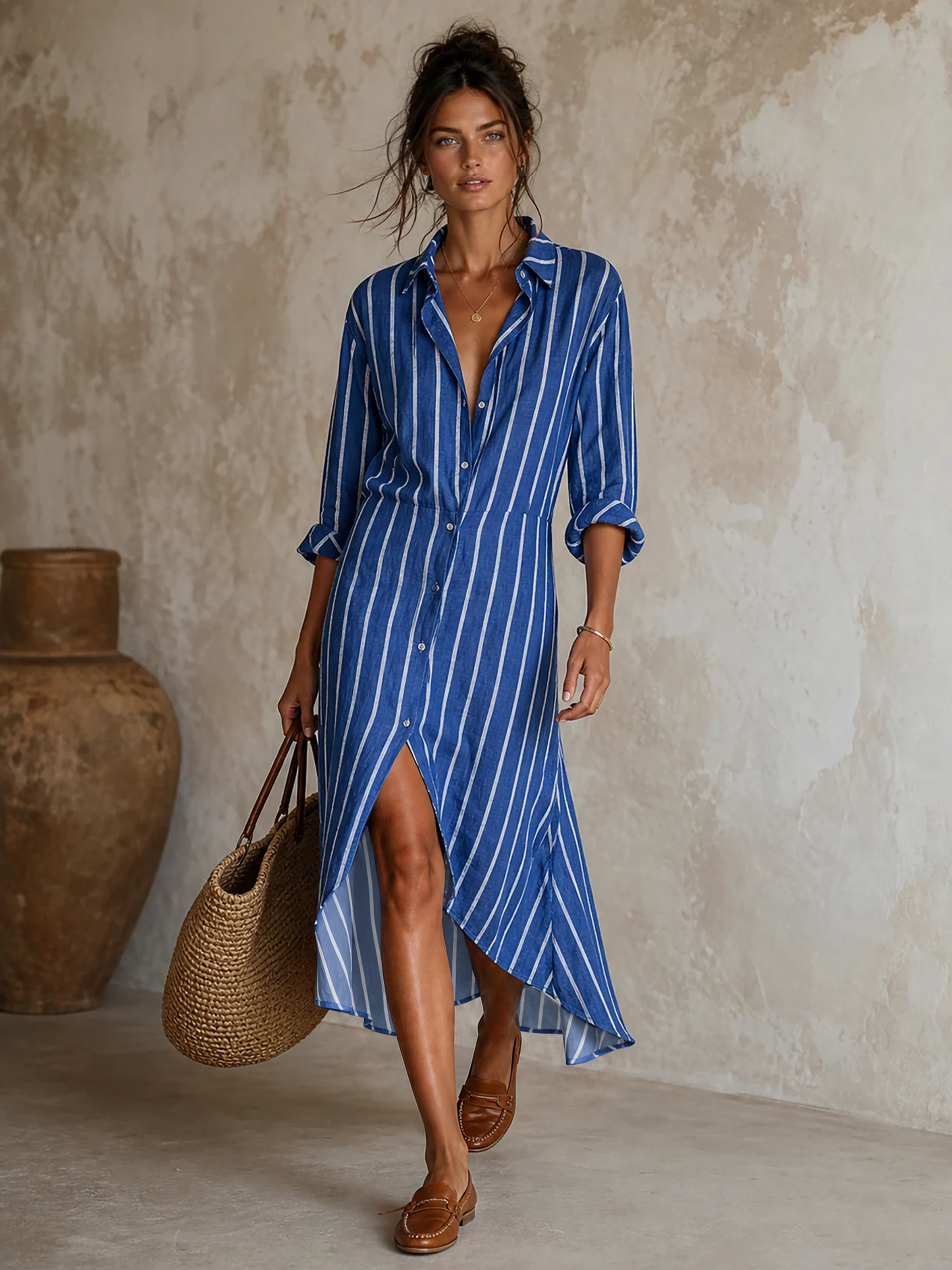 Women's Minimalist Striped Single-Breasted Long-Sleeve Midi Dress With Asymmetric Hem