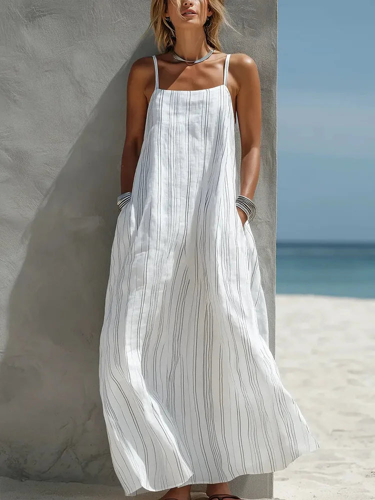 Women's Simple Striped Cotton-linen Strap Dress