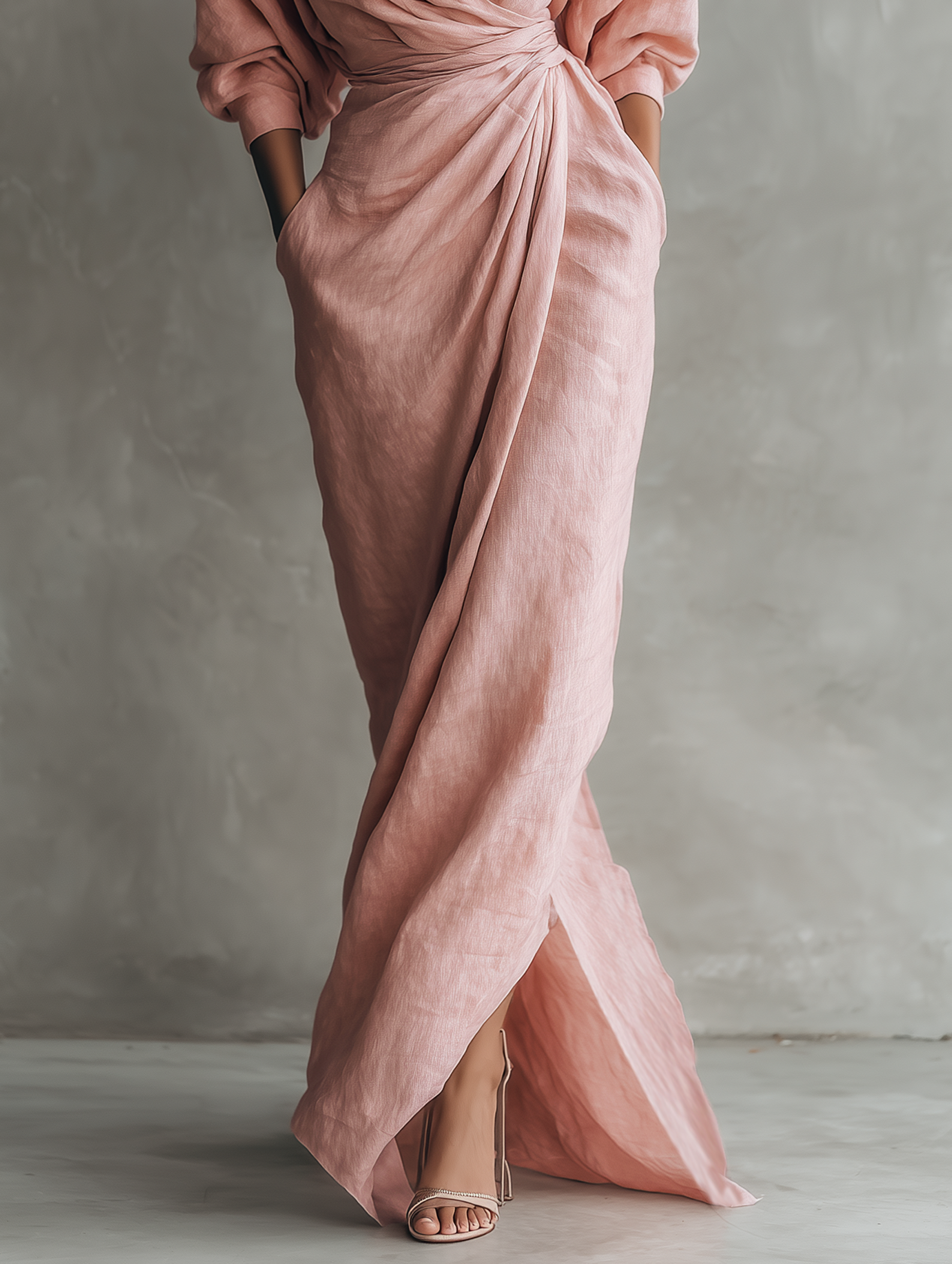 Women's  Pink Minimalist V-neck Linen Blend Maxi Dress
