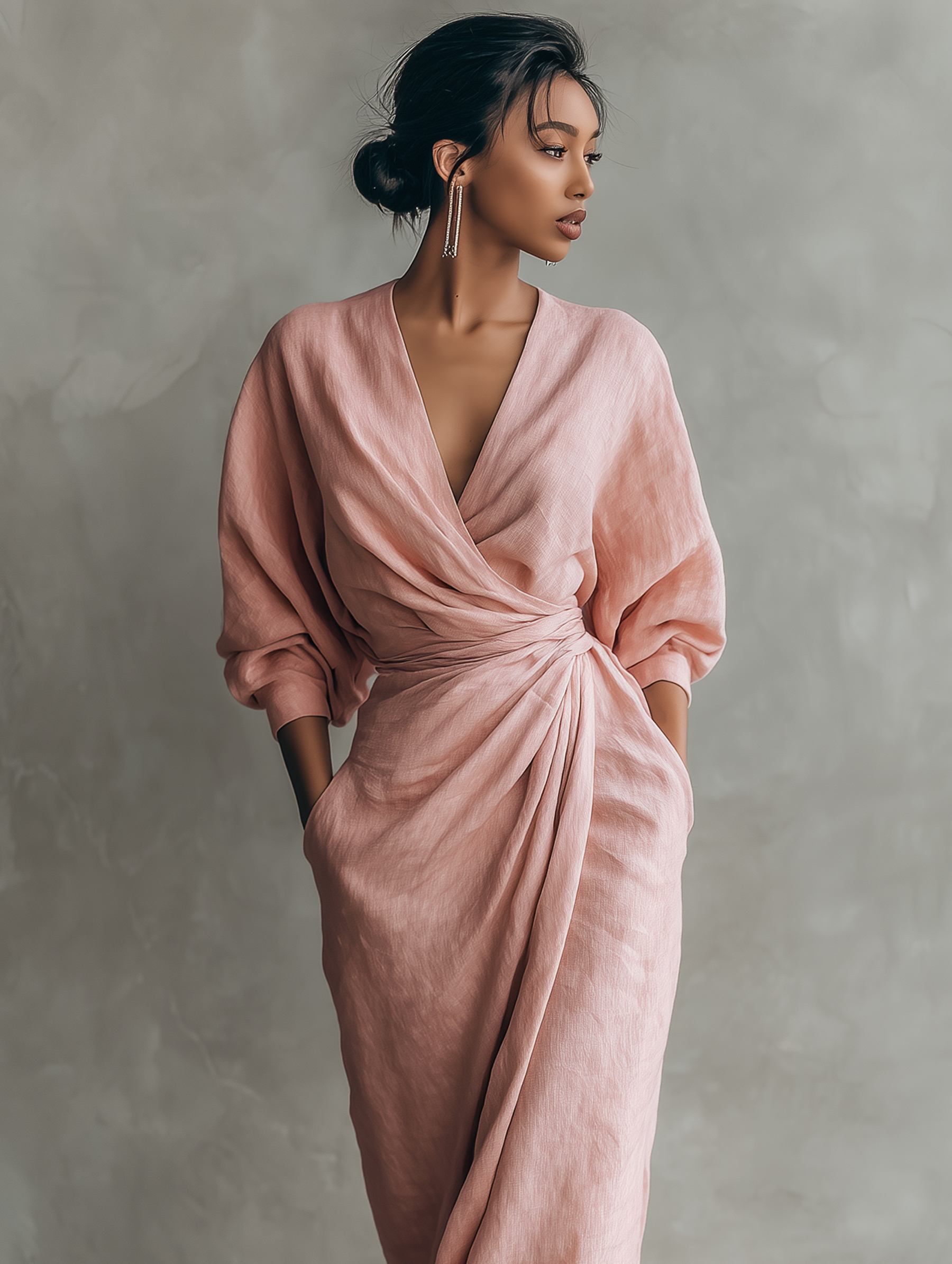 Women's  Pink Minimalist V-neck Linen Blend Maxi Dress