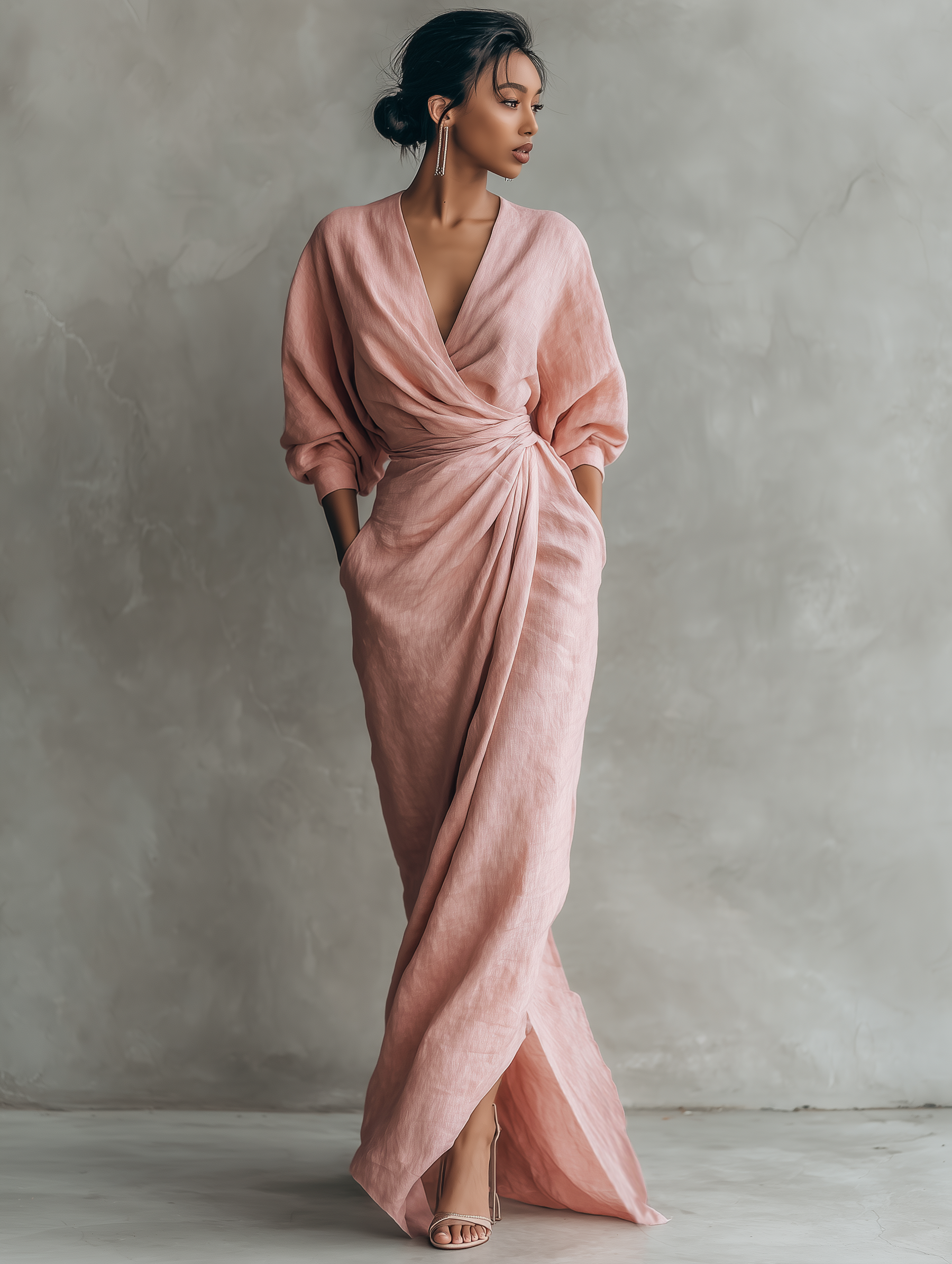 Women's  Pink Minimalist V-neck Linen Blend Maxi Dress