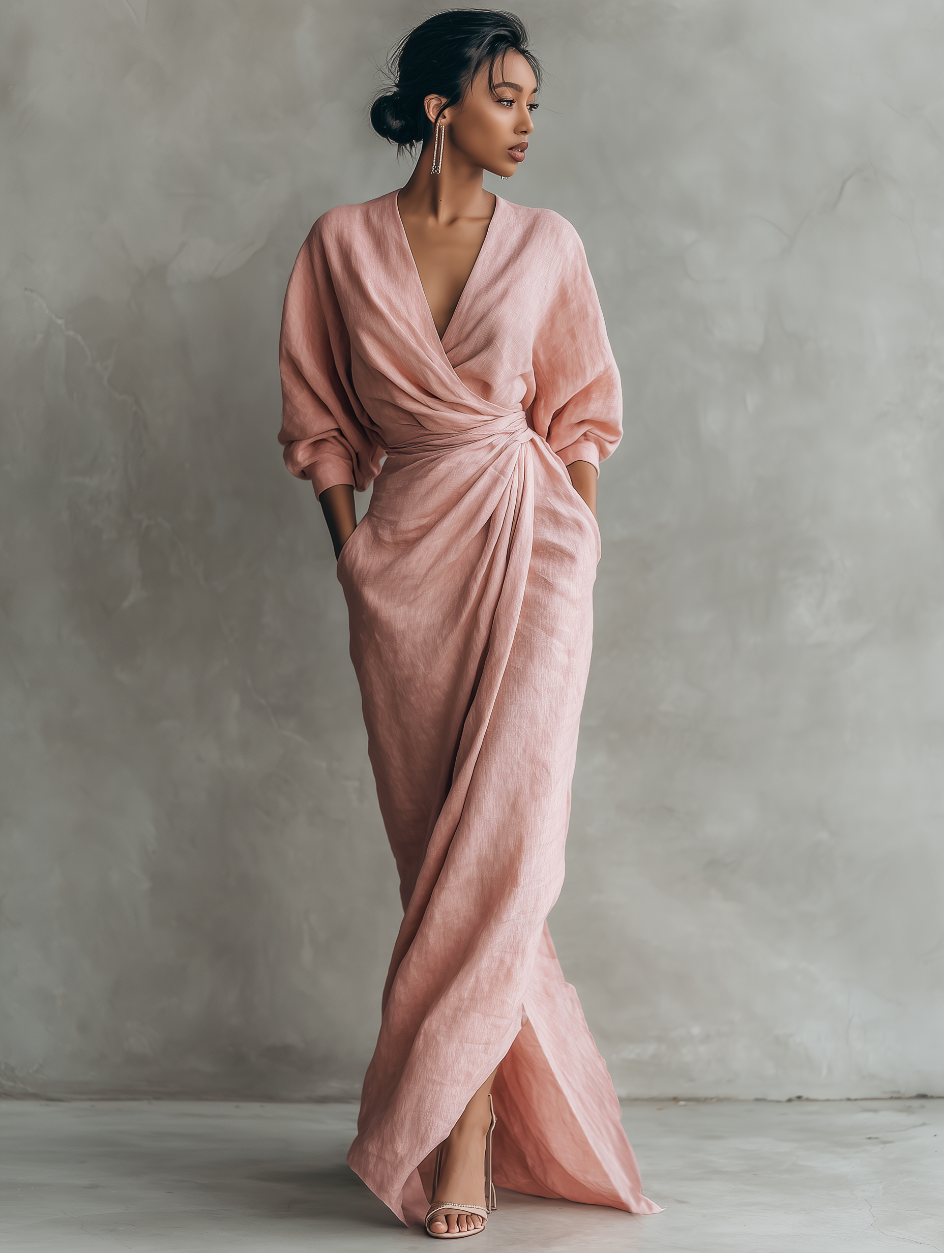 Women's  Pink Minimalist V-neck Linen Blend Maxi Dress