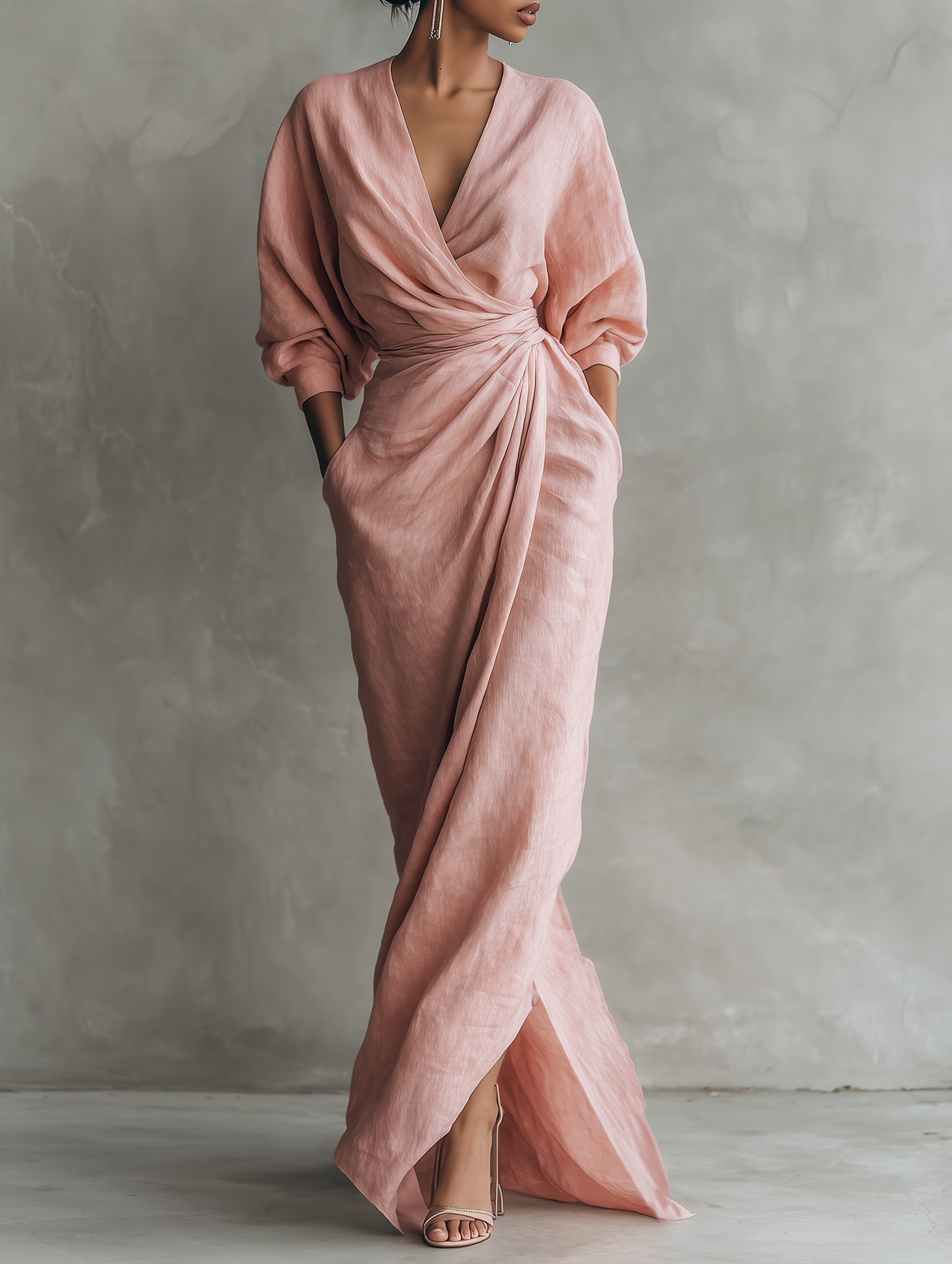 Women's  Pink Minimalist V-neck Linen Blend Maxi Dress
