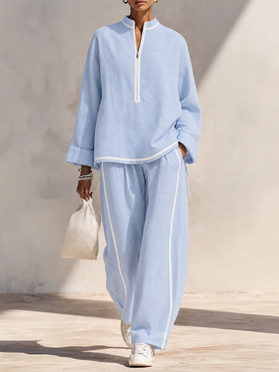 Women's Light‑Blue Linen Fabric Stand‑Collar Half‑Zip Oversized Top & Wide‑Leg Pants Set