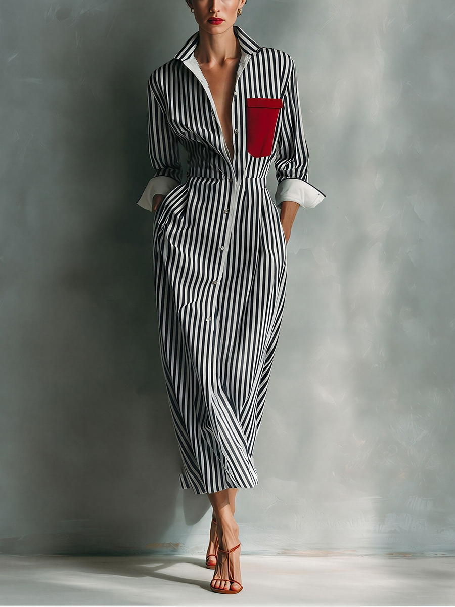 Women's Blue And White Cotton Striped Shirt Dress With Red Chest Pocket