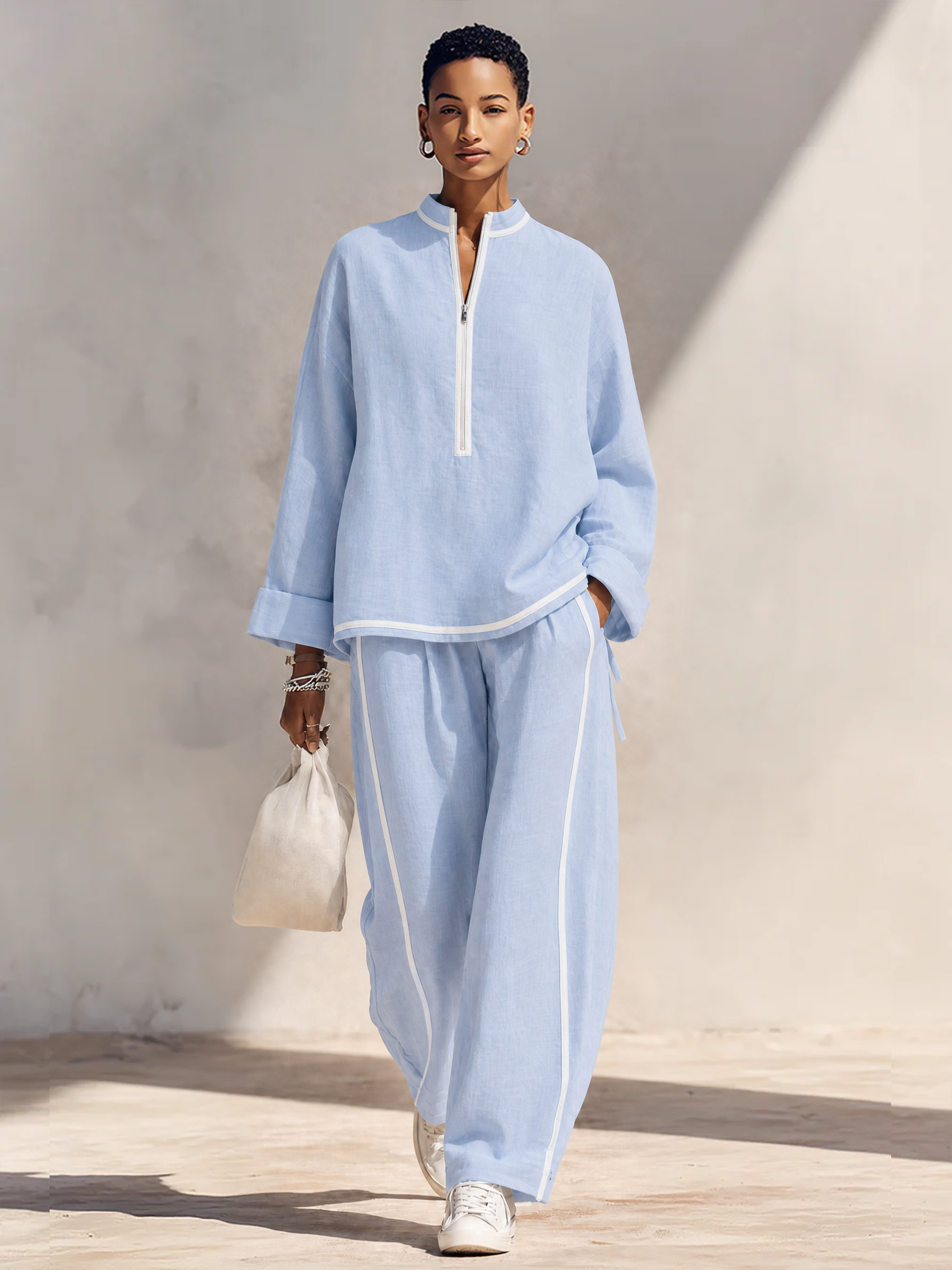 Women's Light‑Blue Linen Fabric Stand‑Collar Half‑Zip Oversized Top & Wide‑Leg Pants Set