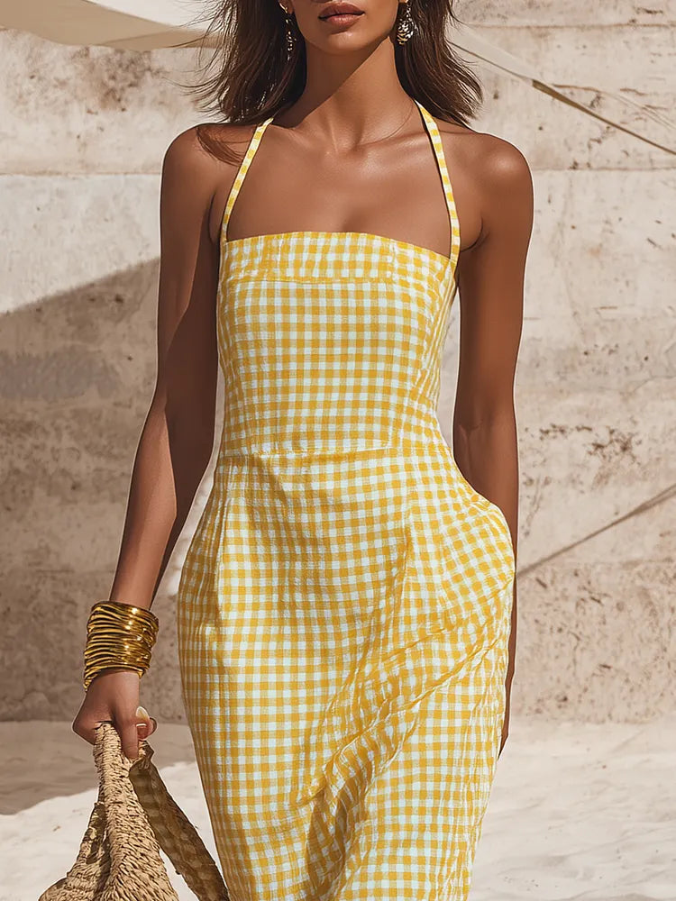 Minimalist Vacation Thin Straps Yellow Plaid Cotton Maxi Dress