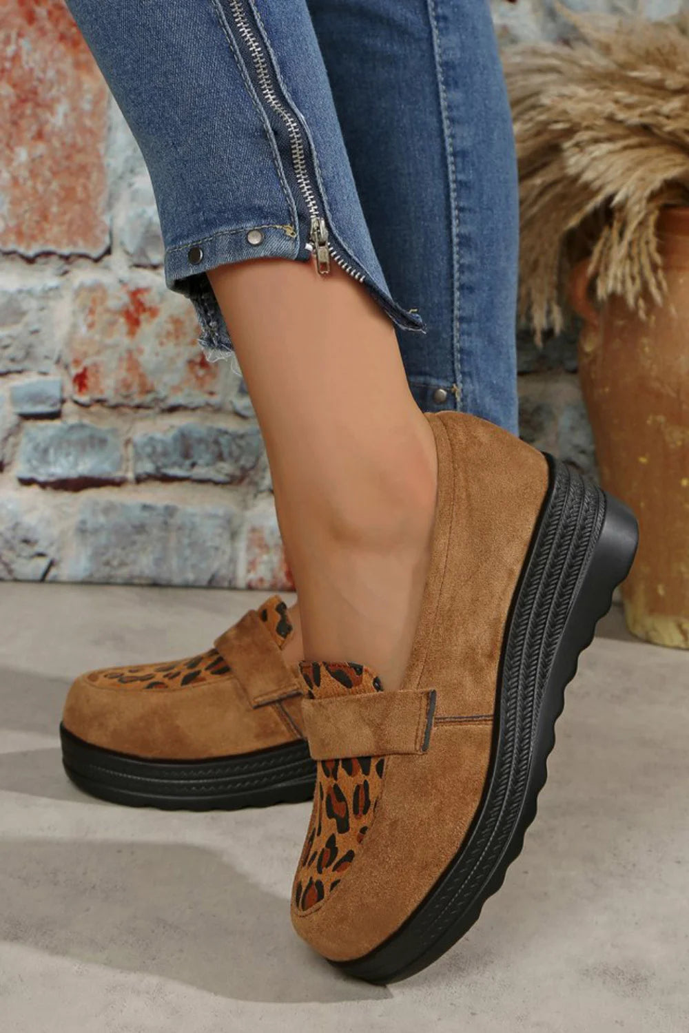 Leopard Print Penny Strap Trim Platform Wedge Round Toe Loafers