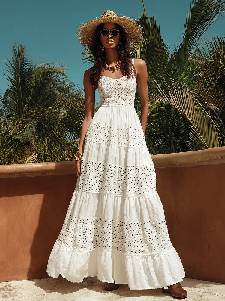 Bohemian Sleeveless Cutout White Cotton-Linen Maxi Dress