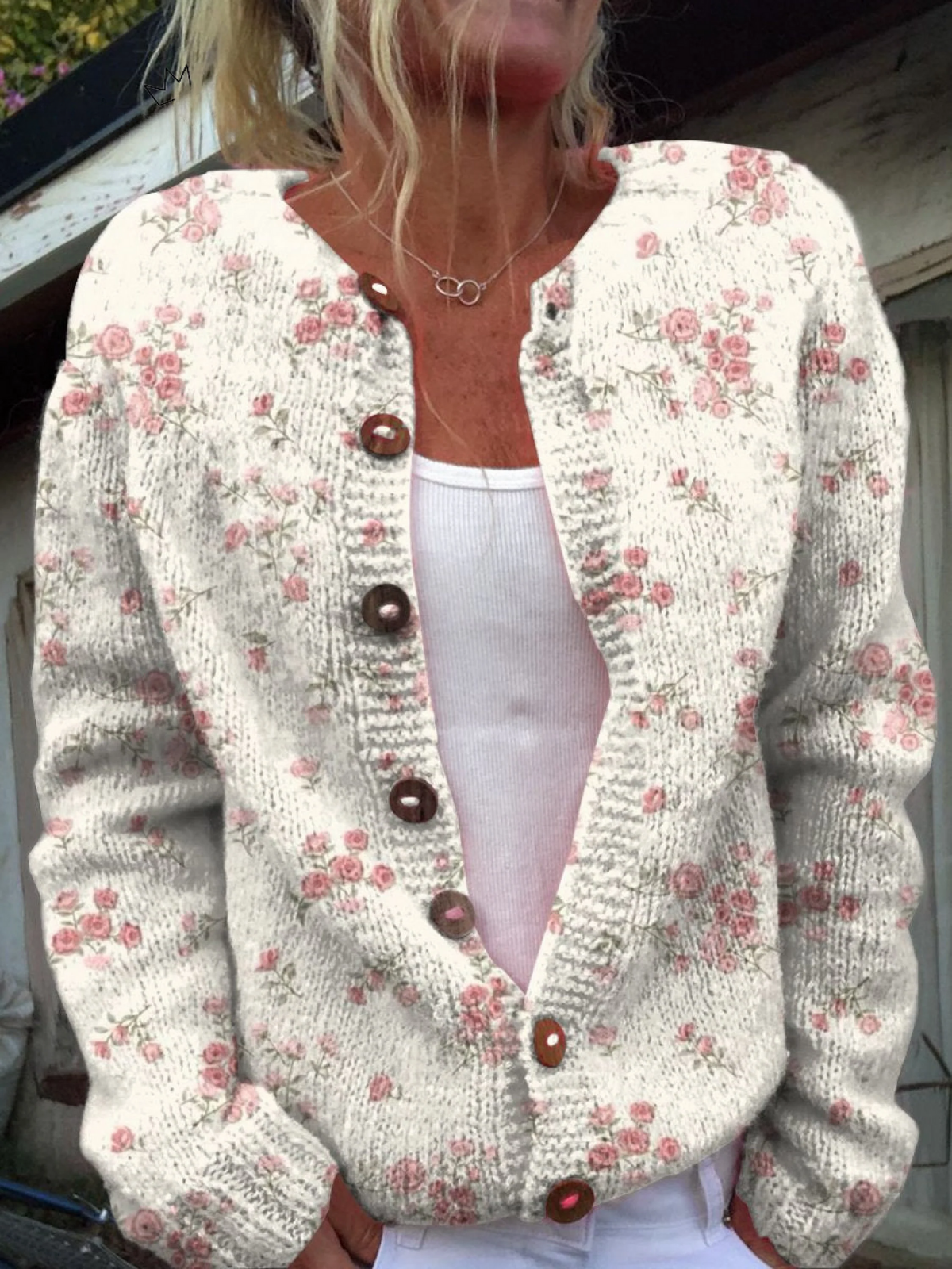 Pink Rose Florets Print | Buttoned Cardigan Sweater