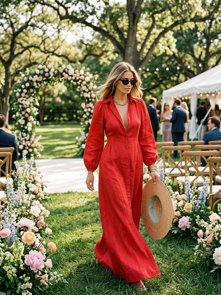 Women's Minimalist Single-breasted Long-sleeve Maxi Dress With A Fitted Waist