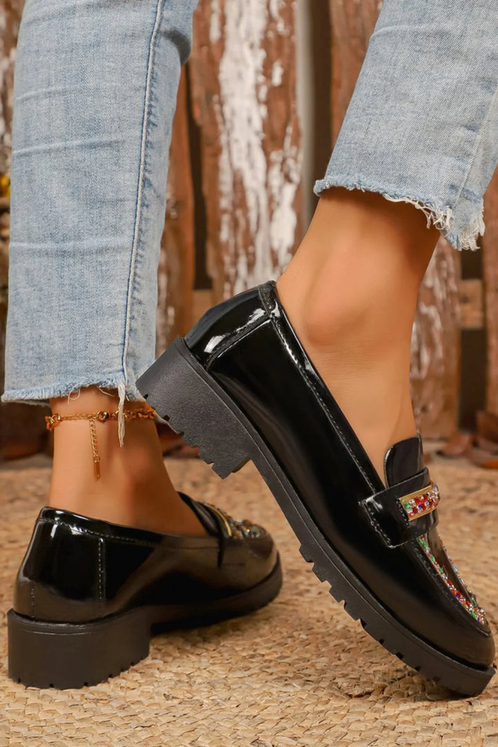 Colorful Rhinestone Inlaid Penny Strap Round Toe Plain Loafers