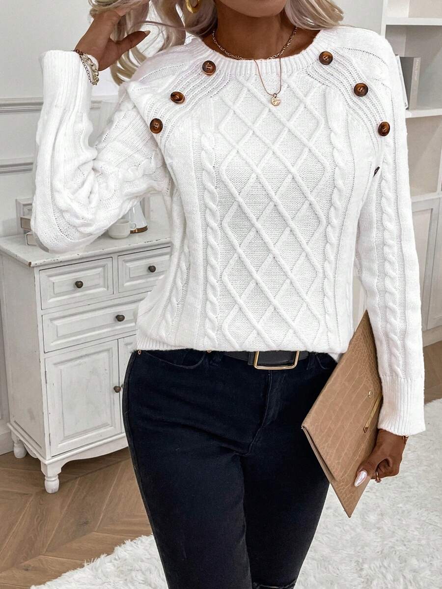 Clara – Button-Detail Cable Knit Sweater