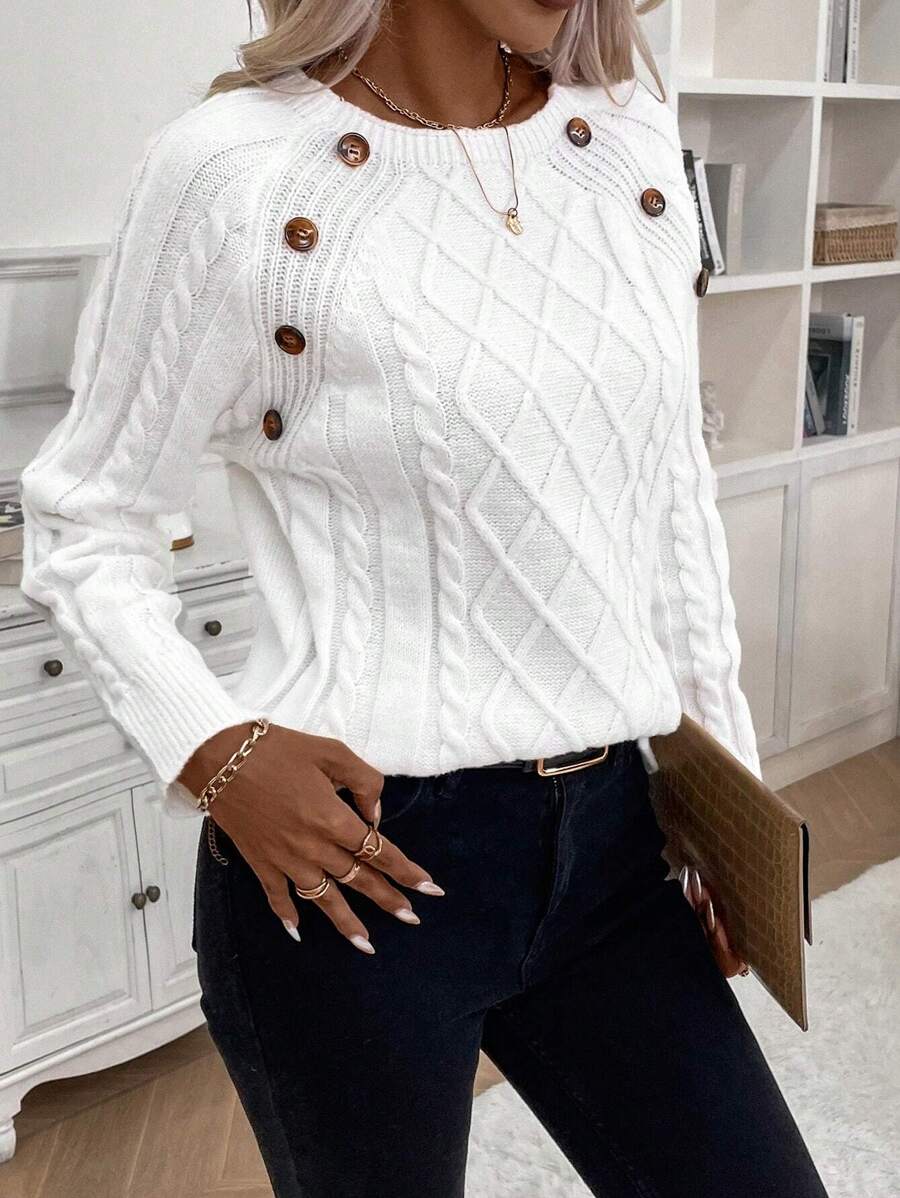 Clara – Button-Detail Cable Knit Sweater