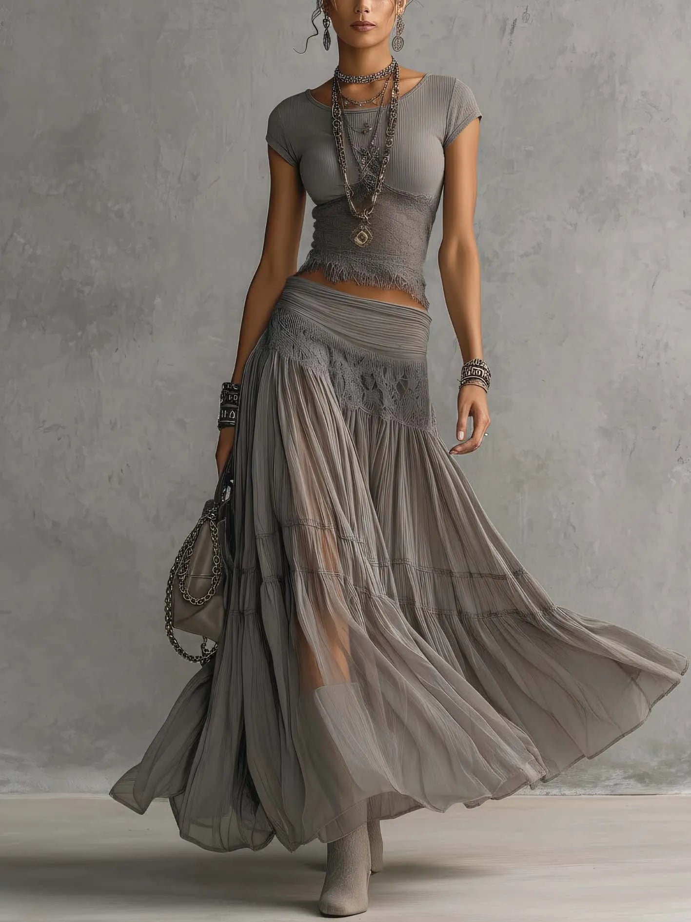Grey Lace-Paneled Top and Pleated Maxi Skirt Set