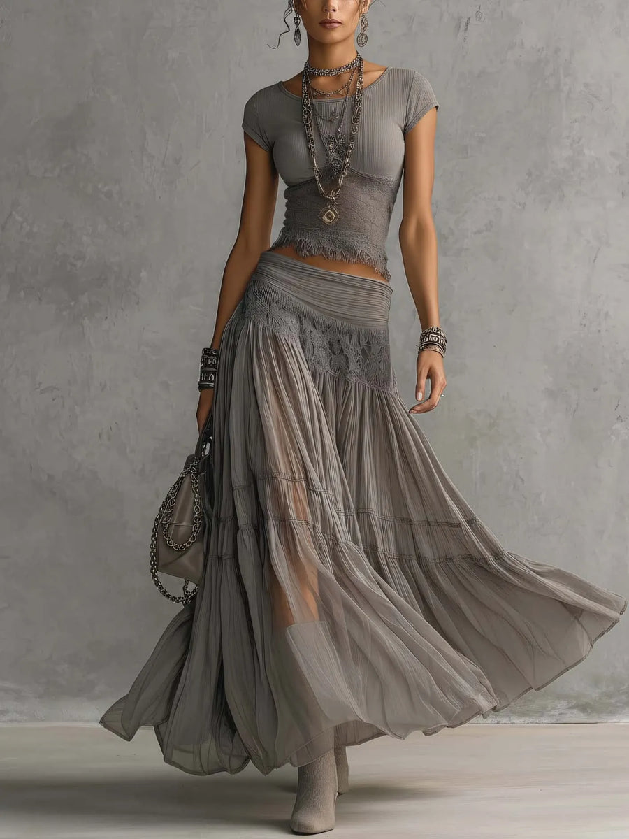 Grey Lace-Paneled Top and Pleated Maxi Skirt Set