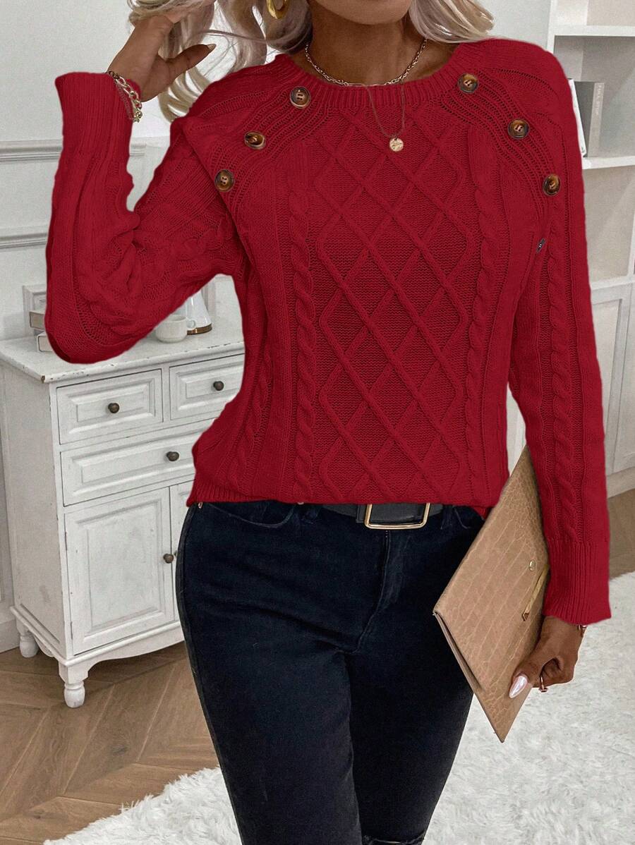 Clara – Button-Detail Cable Knit Sweater