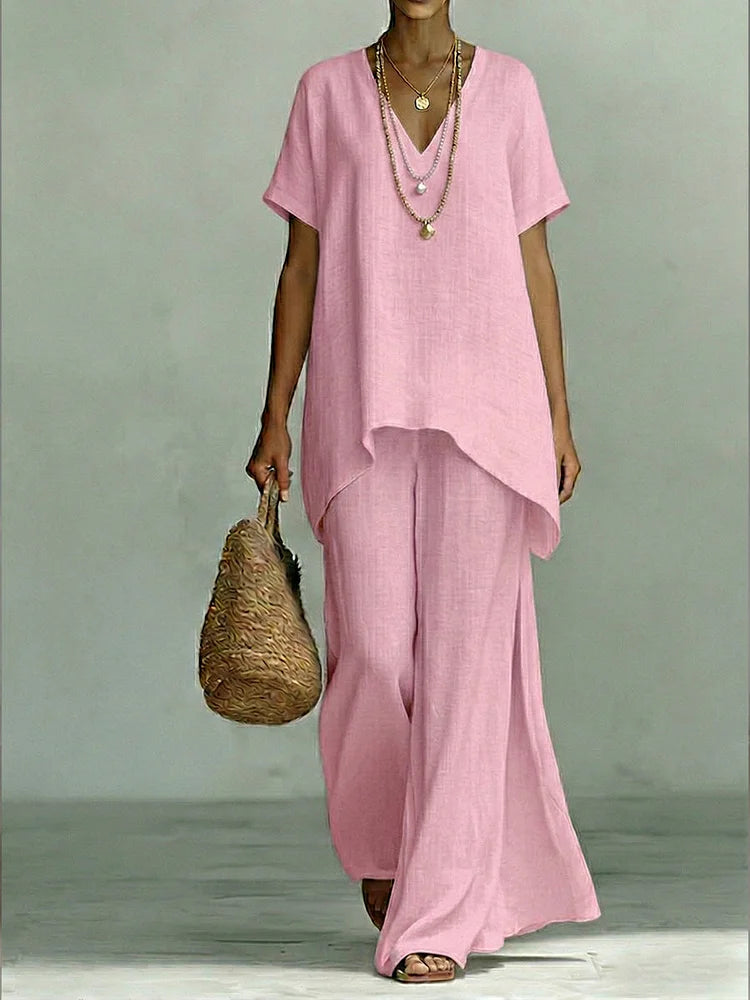 Classic Casual Short-sleeved Linen And Cotton Top And Wide-leg Pants Two-piece Set
