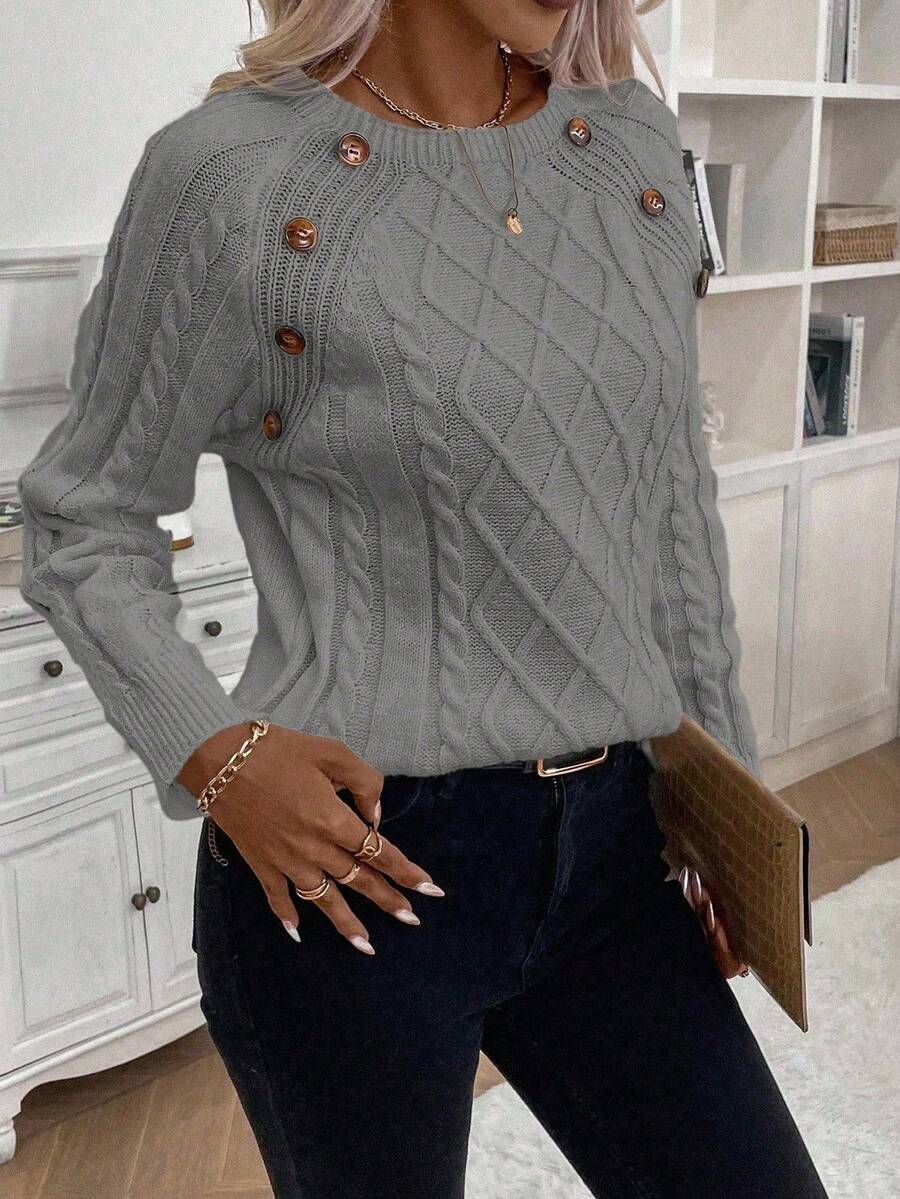 Clara – Button-Detail Cable Knit Sweater