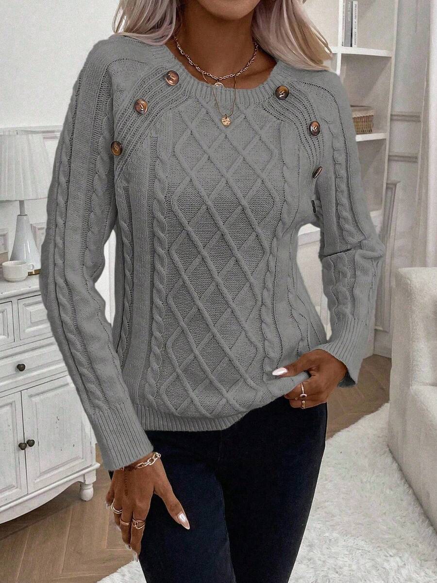 Clara – Button-Detail Cable Knit Sweater