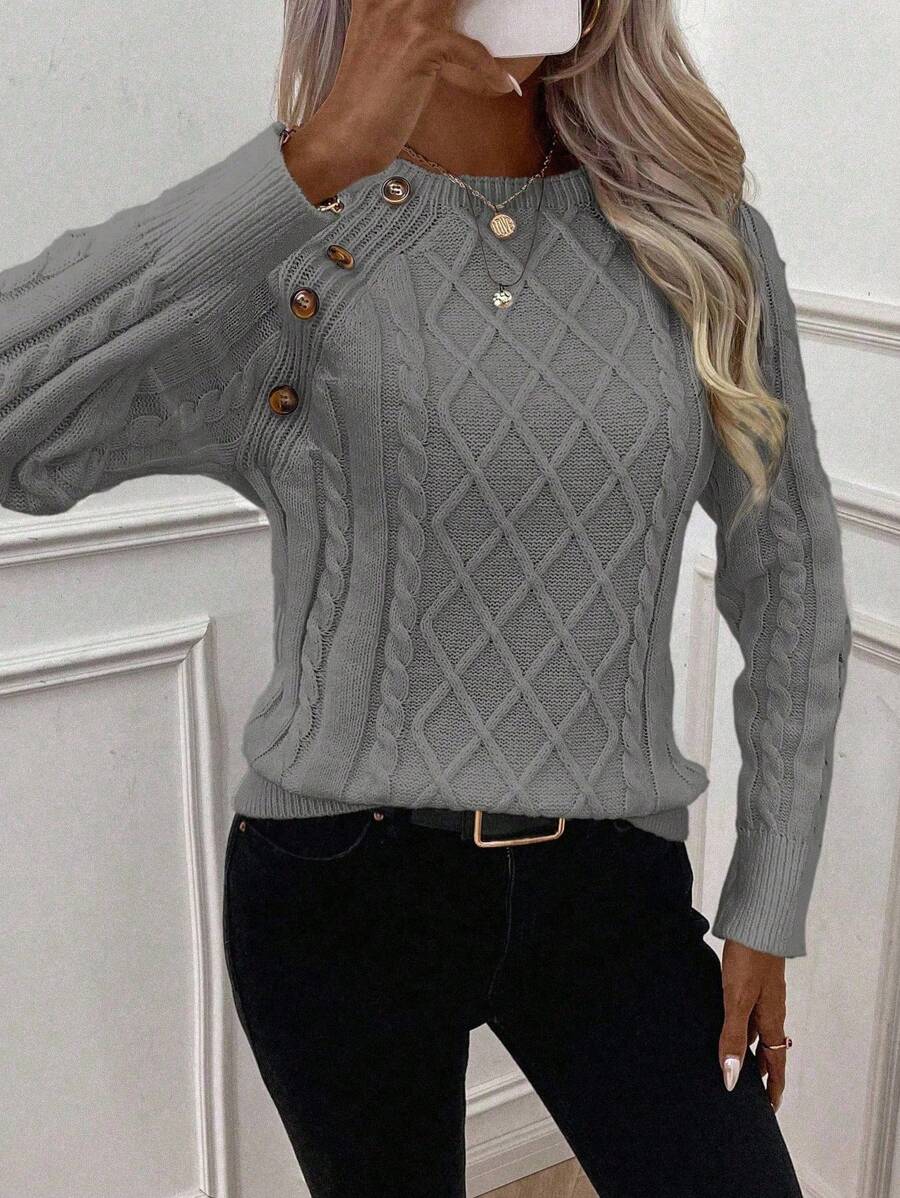 Clara – Button-Detail Cable Knit Sweater