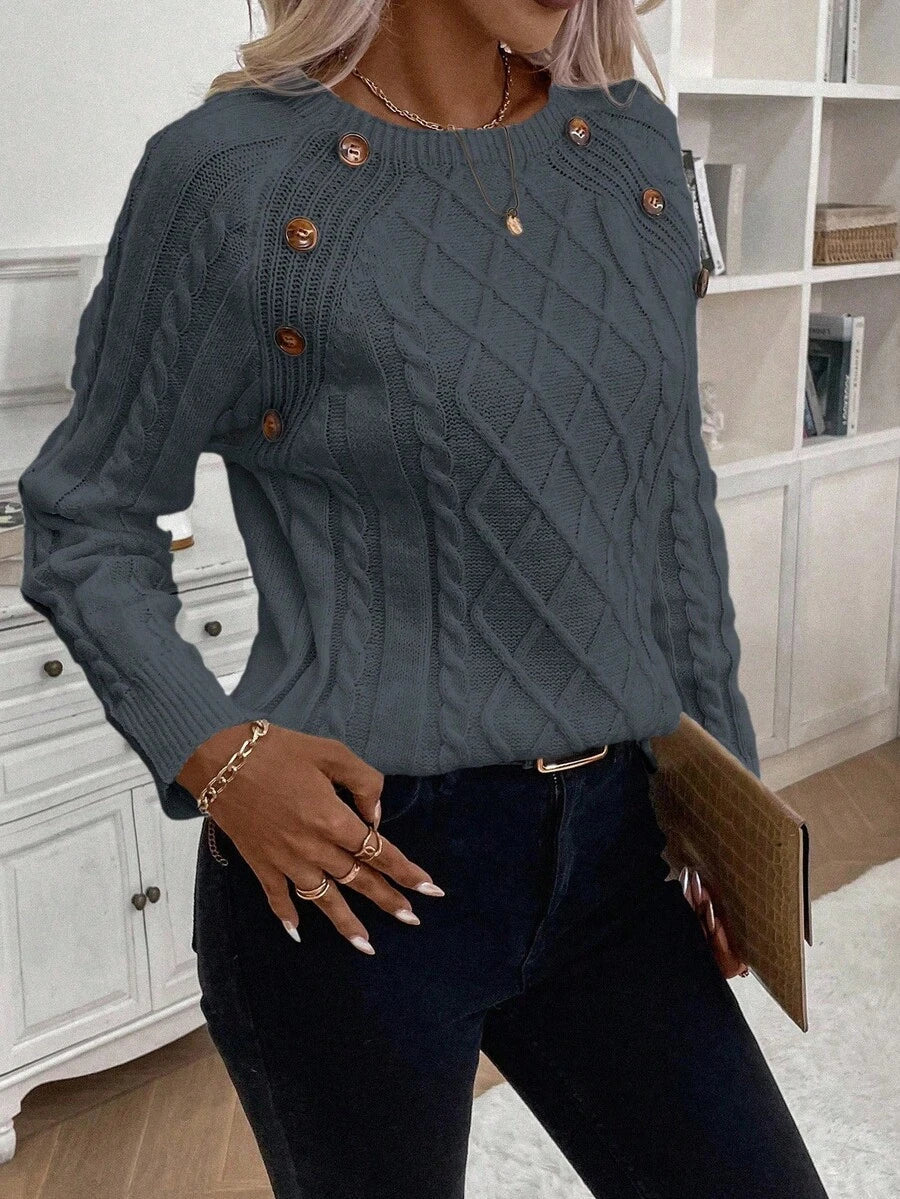 Clara – Button-Detail Cable Knit Sweater