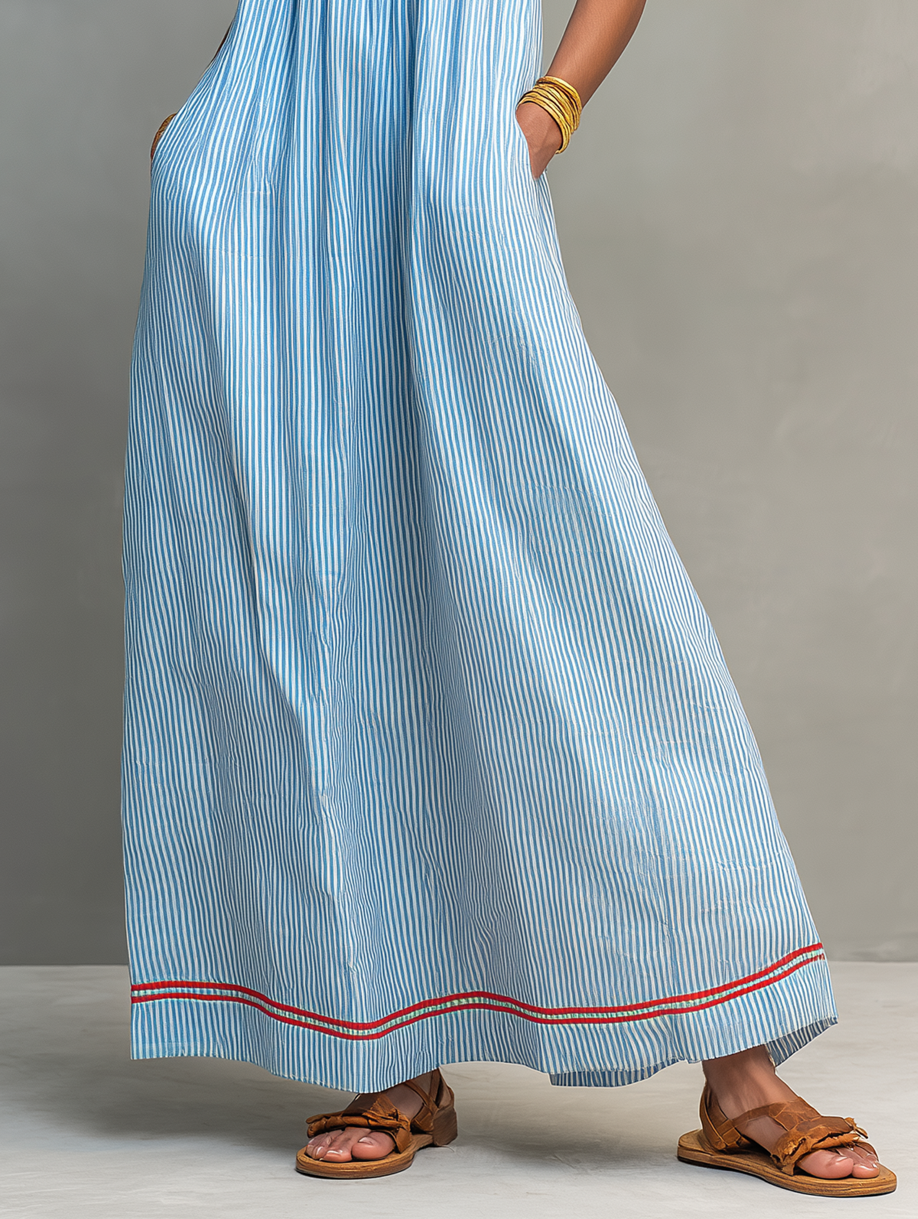 Women's Minimalist Striped Maxi Dress With Red Trim And Spaghetti Straps