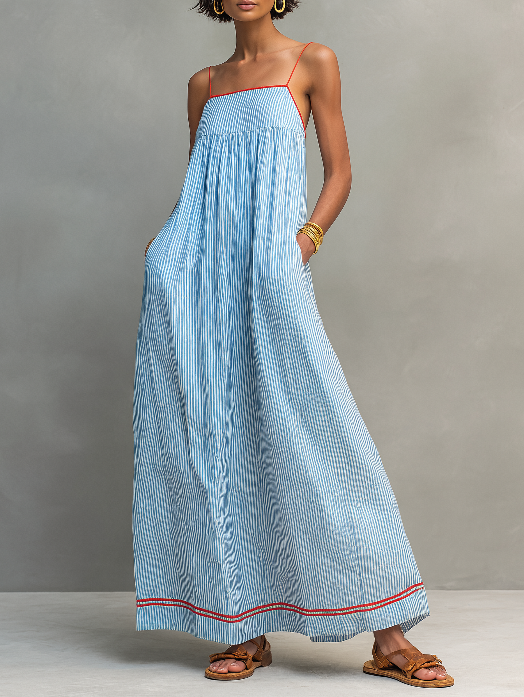 Women's Minimalist Striped Maxi Dress With Red Trim And Spaghetti Straps