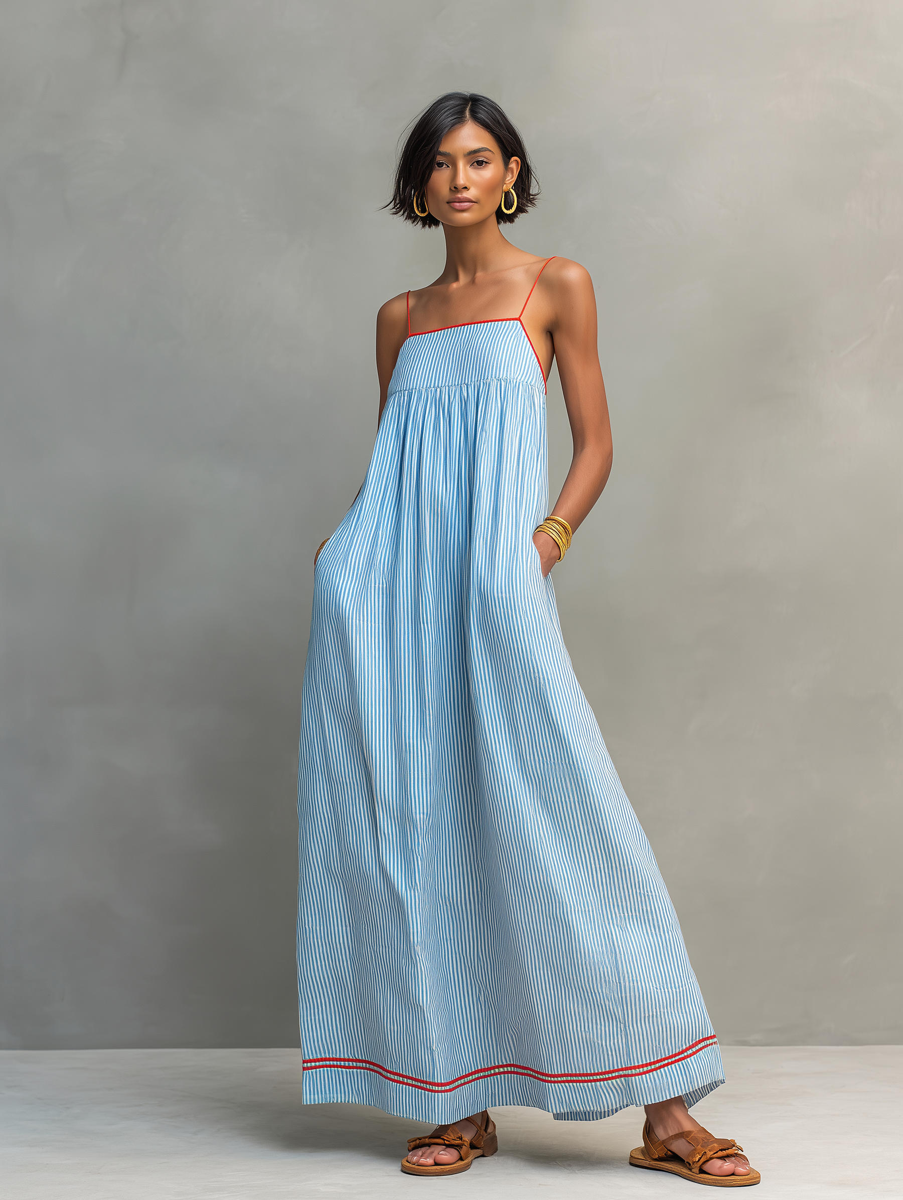 Women's Minimalist Striped Maxi Dress With Red Trim And Spaghetti Straps