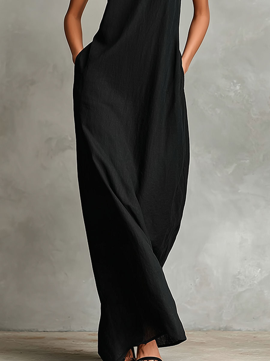 Women's Black Linen-Blend Maxi Dress With High Neck & Side Pockets, Timeless Minimalist Casual Dress