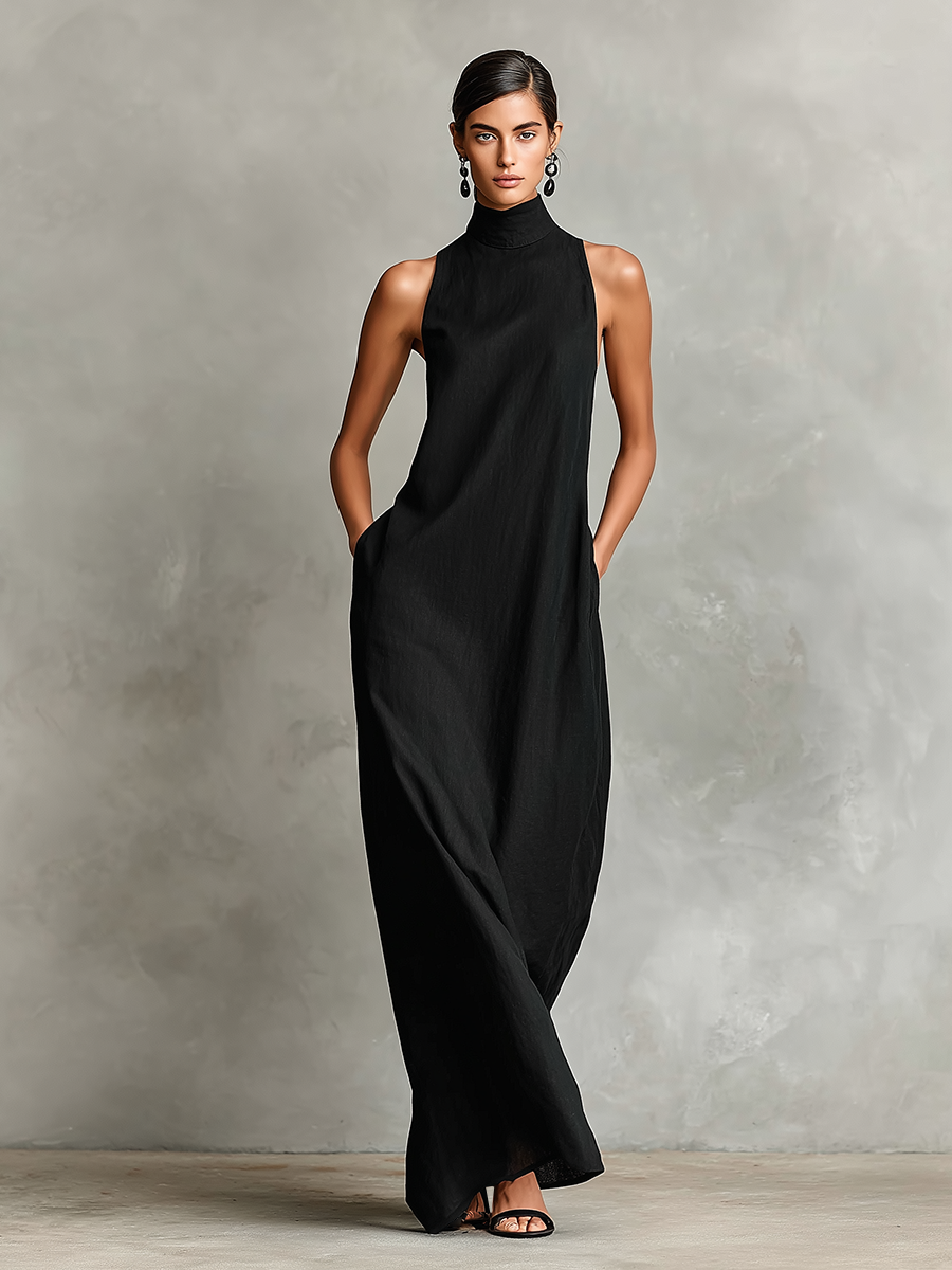 Women's Black Linen-Blend Maxi Dress With High Neck & Side Pockets, Timeless Minimalist Casual Dress